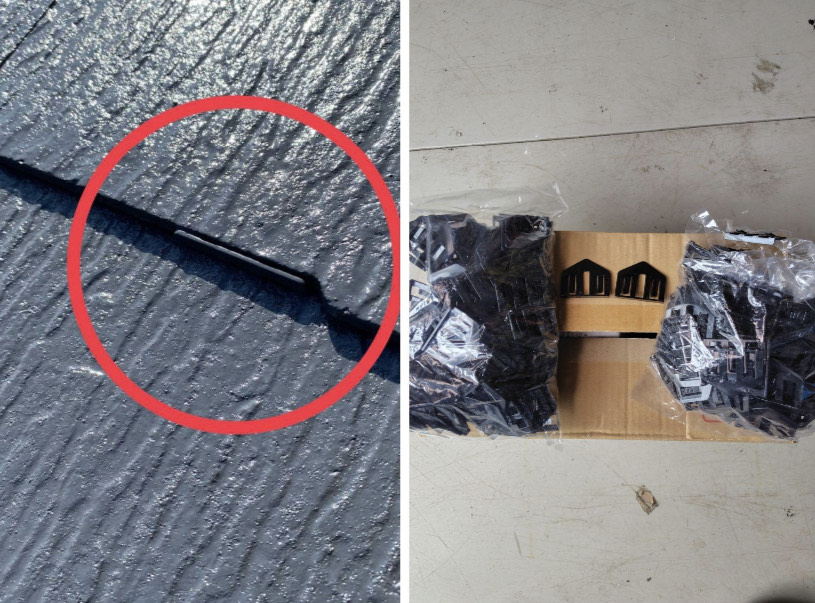 屋根塗装の縁切り作業に使用されるタスペーサーの比較画像。左側は、スレート屋根の重なり部分に黒いタスペーサーが正しく差し込まれている様子。右側は、箱の上に置かれた袋入りの新しいタスペーサーのセット。