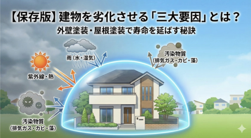 建物を劣化させる「三大要因(紫外線・熱、雨、汚染物質)」と、外壁・屋根塗装で寿命を延ばす秘訣についての図解。