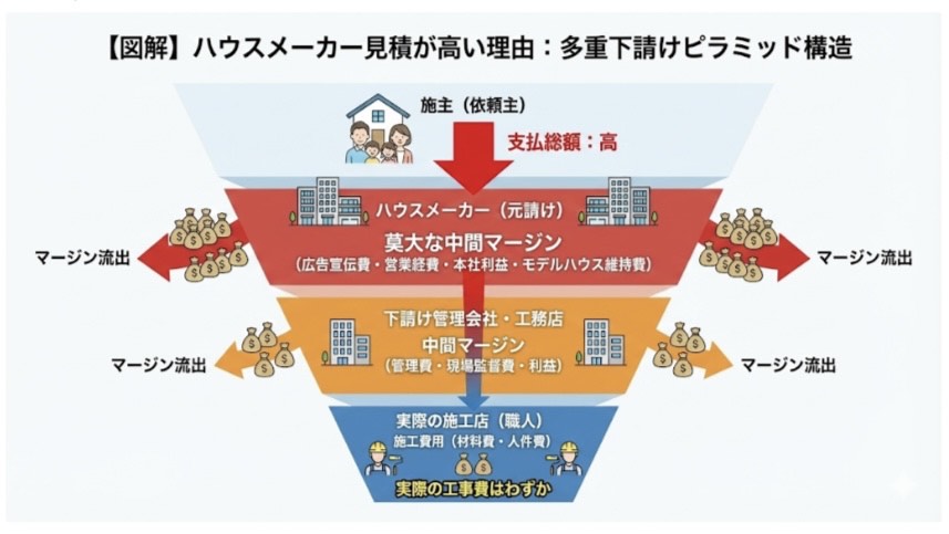 ハウスメーカーの多重下請け構造と中間コストのイメージ