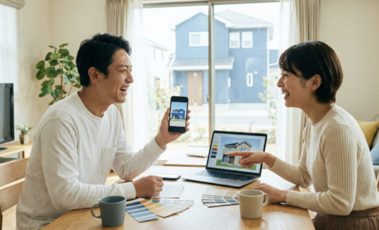 外壁塗装のシミュレーションを行い、理想の住まいの色について打ち合わせをする若い夫婦