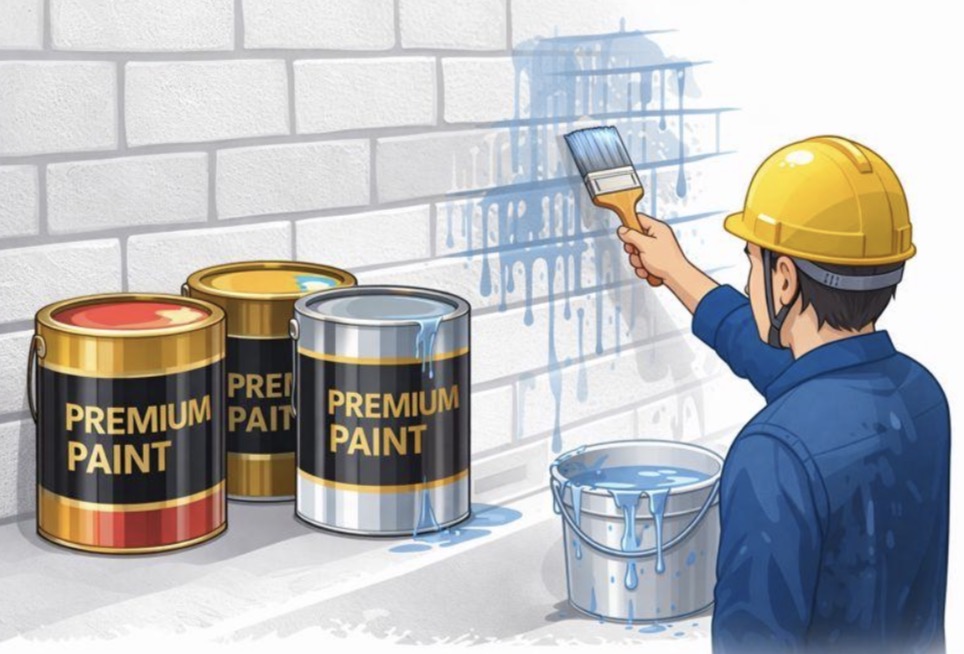 高級塗料の缶が並んでいる横で、薄めすぎたシャバシャバの塗料を塗っているイメージ