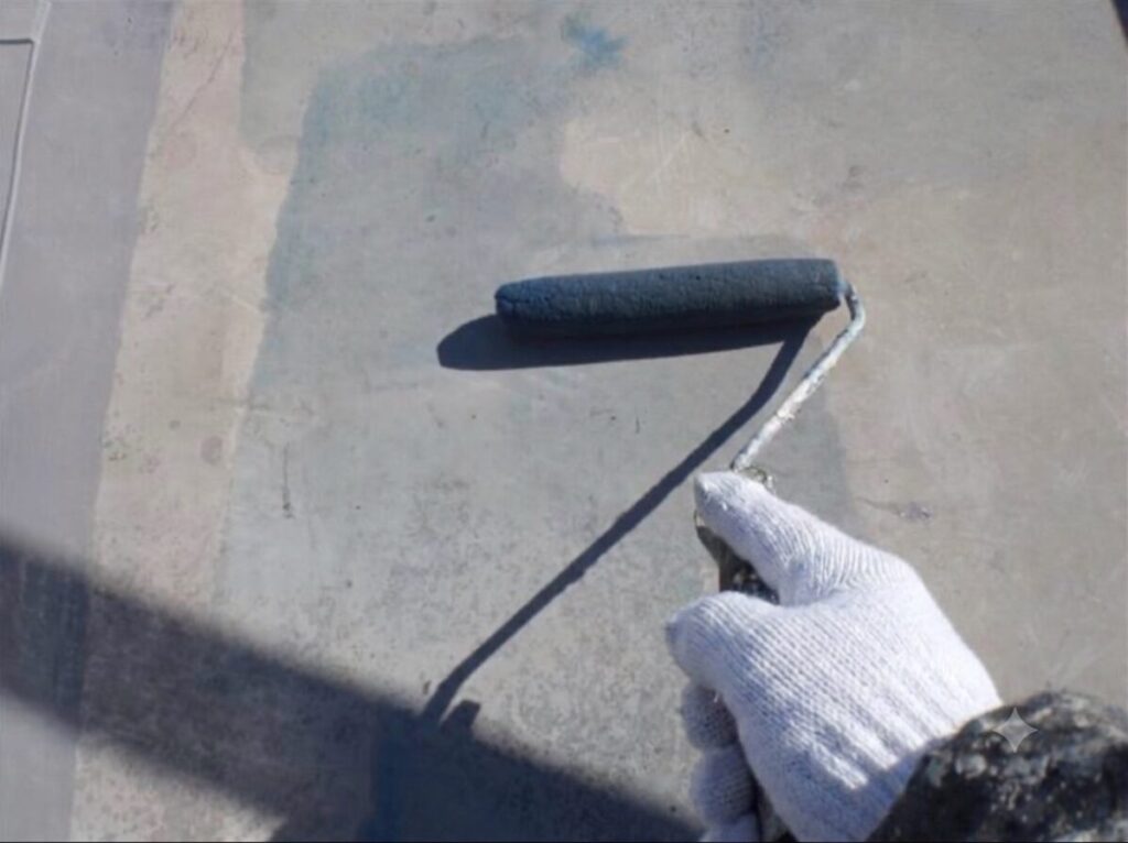 床面や立ち上がり部分の隙間に、防水材の密着性を極限まで高めるための専用下塗り材(プライマー)を均一に塗布していく様子。