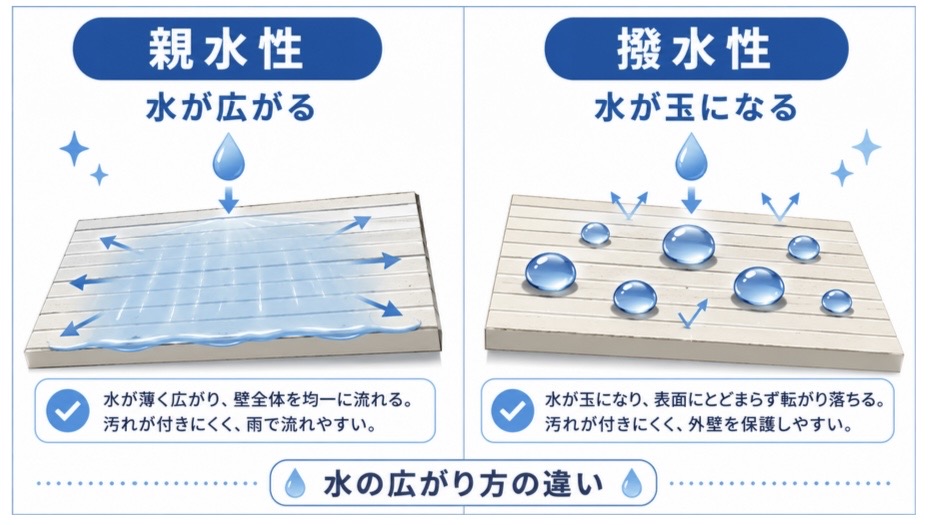 親水性(水が広がる)と撥水性(水が玉になる)の比較イメージ図