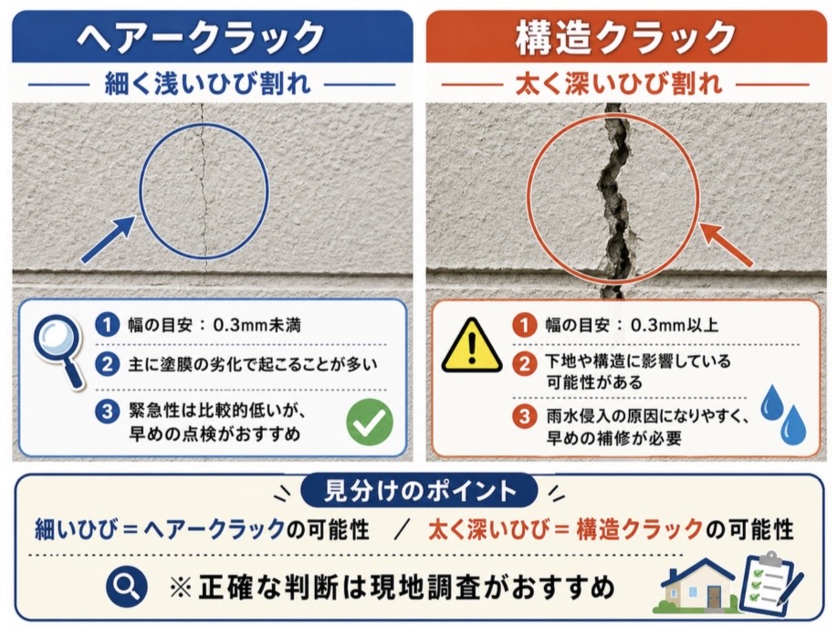 ヘアークラックと構造クラックを比較した写真